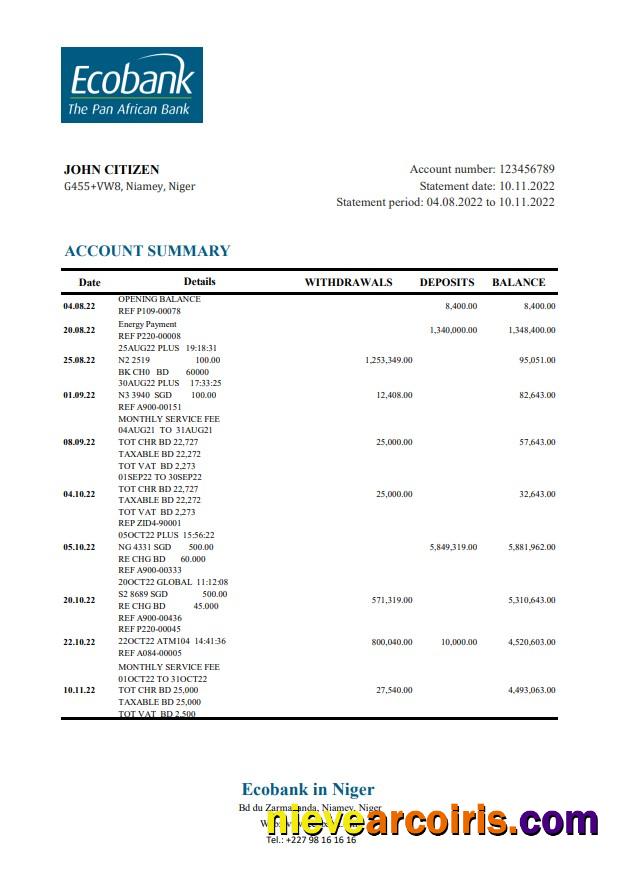 Niger Ecobank bank statement